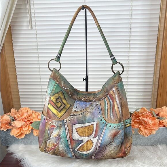 Anuschka Hand Painted Leather Shoulder Bag Abstract Studded Large